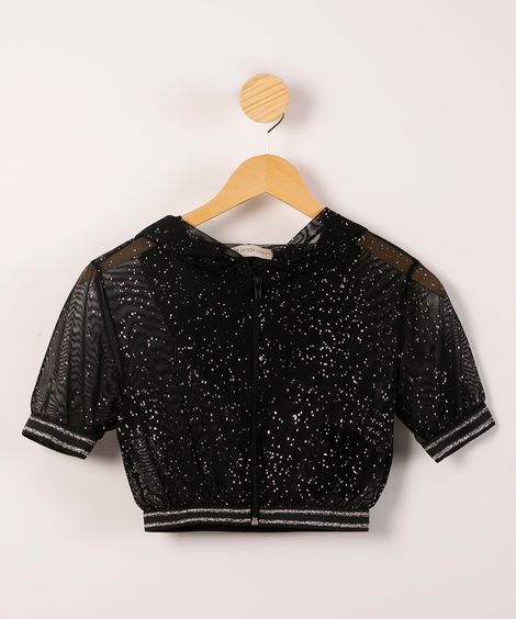 blusa juventil em tule com zíper e capuz brilho preto