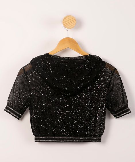 blusa juventil em tule com zíper e capuz brilho preto