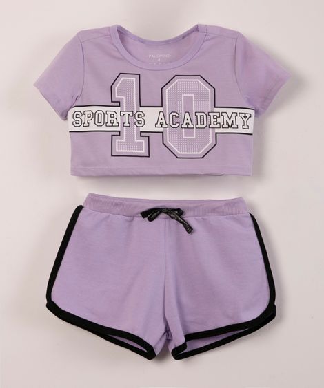 conjunto infantil blusa cropped manga curta + short lilás