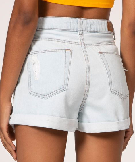 Short Jeans Feminino Mom Cintura Alta Destroyed Azul Claro