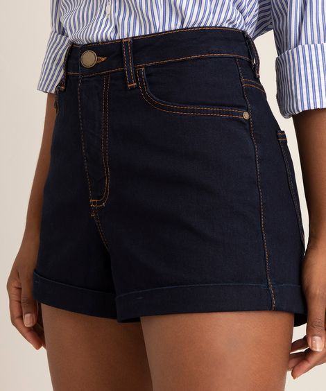 Short Jeans Feminino Hot Pant com Barra Dobrada Azul Escuro