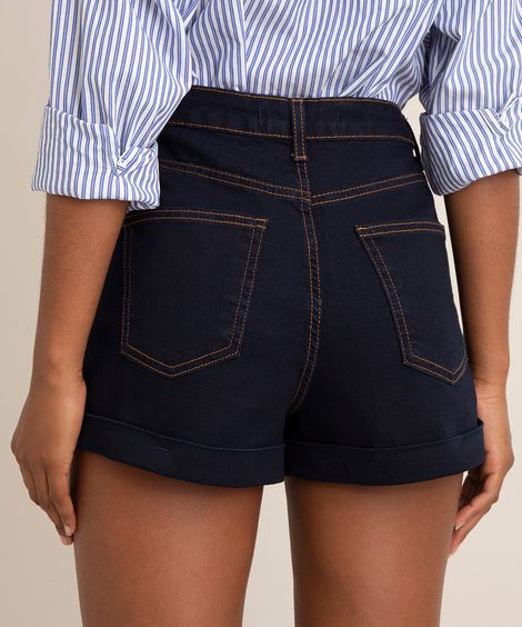 Short Jeans Feminino Hot Pant com Barra Dobrada Azul Escuro