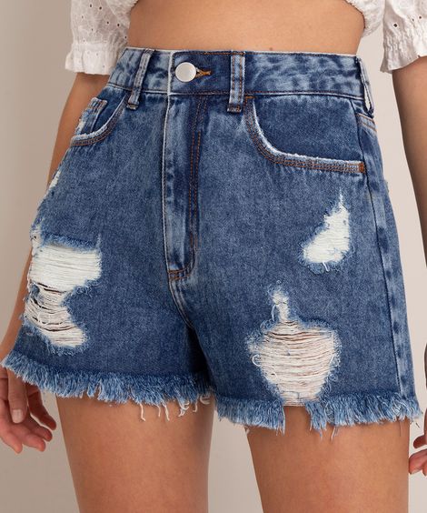 short jeans mom cintura super alta marmorizado destroyed azul médio