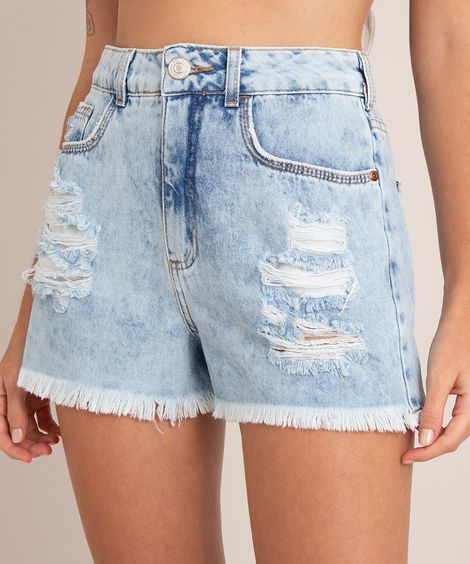 short jeans feminino mom cintura alta destroyed azul claro