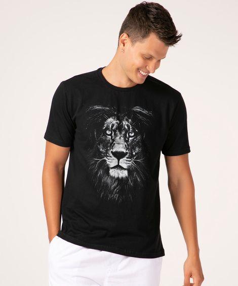 Camiseta Masculina Leão Manga Curta Gola Careca Preta