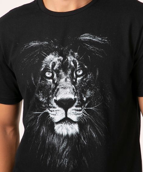 Camiseta Masculina Leão Manga Curta Gola Careca Preta