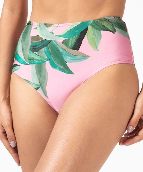 biquíni tanga hot pant estampa folhagens com proteção UV50+ rosa