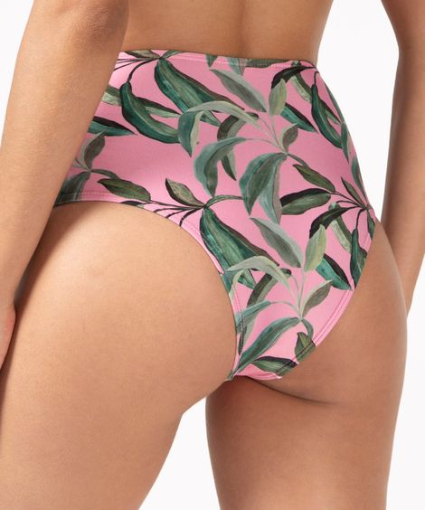 biquíni tanga hot pant estampa folhagens com proteção UV50+ rosa