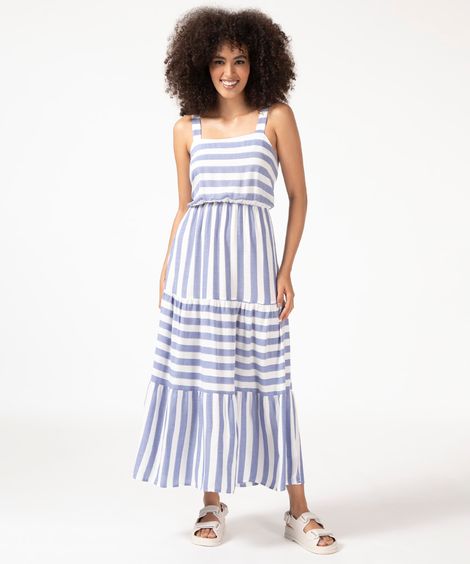 vestido longo de viscose listrado com recortes alça média decote reto azul