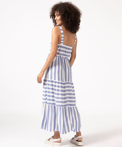 vestido longo de viscose listrado com recortes alça média decote reto azul