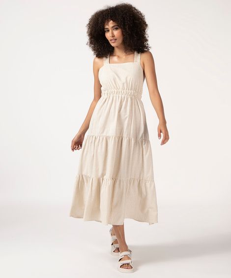 vestido midi listrado com recortes alça larga decote reto bege