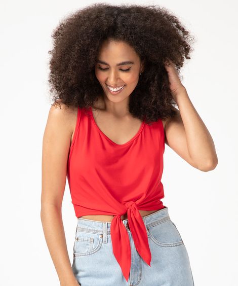 regata cropped básica decote redondo com nó vermelho claro