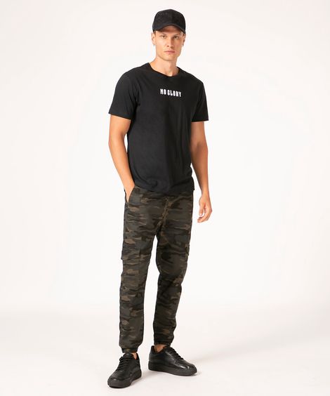 calça jogger cargo em sarja camuflado verde militar