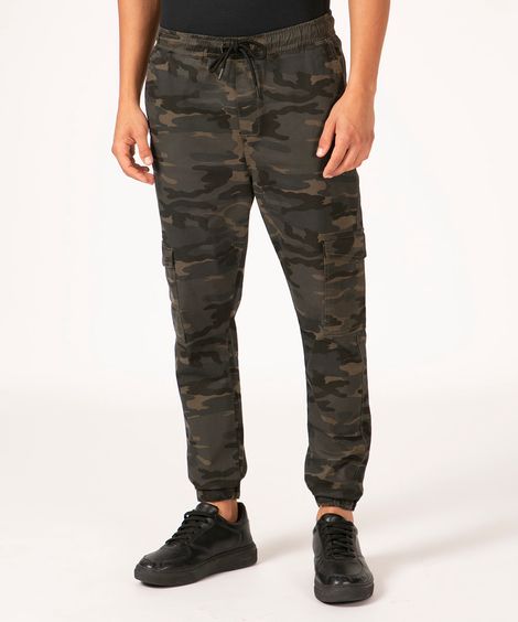 calça jogger cargo em sarja camuflado verde militar