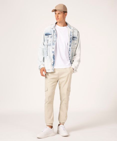calça jogger cargo em sarja bege claro