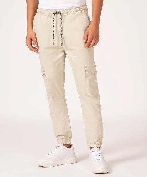 calça jogger cargo em sarja bege claro