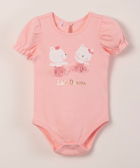 body infantil manga curta gatinhas  rosa