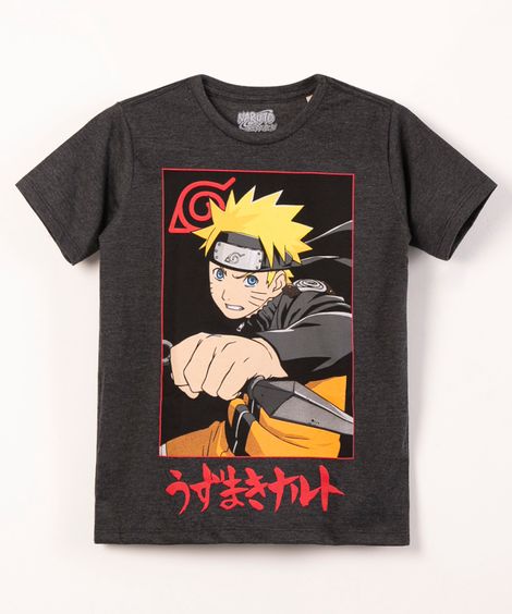 camiseta juvenil manga curta naruto cinza escuro