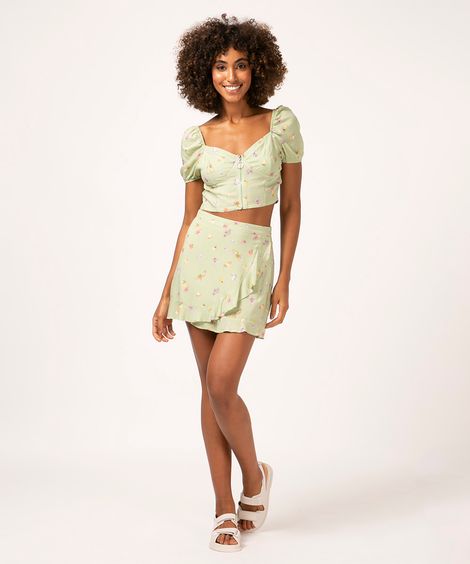 saia de viscose com transpasse estampa frutas verde