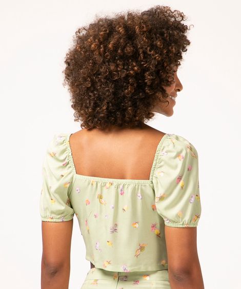 blusa cropped mangas bufantes frutas verde