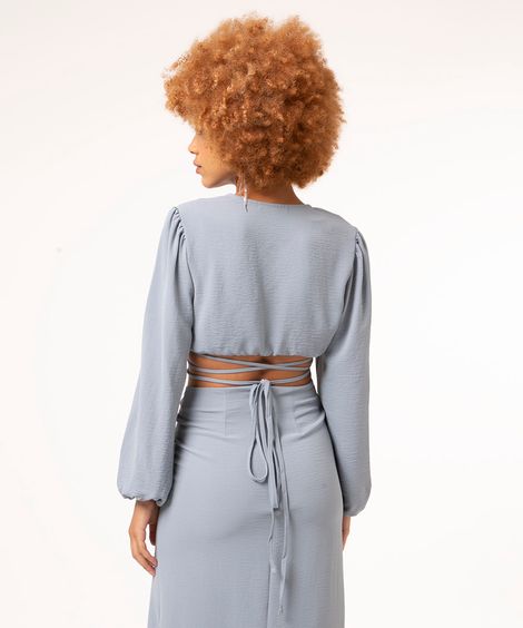 Blusa Cropped de Amarração Manga Bufante Decote V Azul Claro