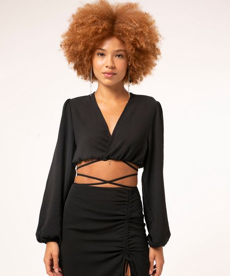 Blusa Cropped de Amarração Manga Bufante Decote V Preta