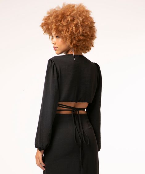 Blusa Cropped de Amarração Manga Bufante Decote V Preta