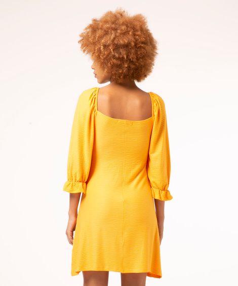 vestido curto texturizado com nó manga 3/4 bufante laranja