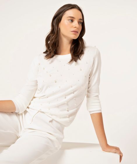 Suéter Feminino Básico em Tricô com Pérolas Decote Redondo  Off White