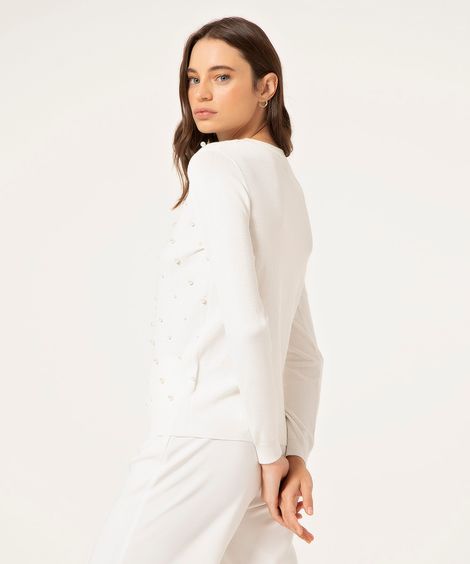 Suéter Feminino Básico em Tricô com Pérolas Decote Redondo  Off White
