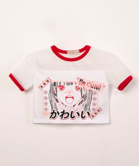 blusa cropped de tela com recorte mangá off white