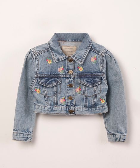 jaqueta jeans bordado flor azul médio