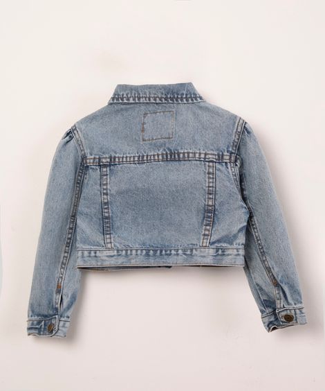 jaqueta jeans bordado flor azul médio