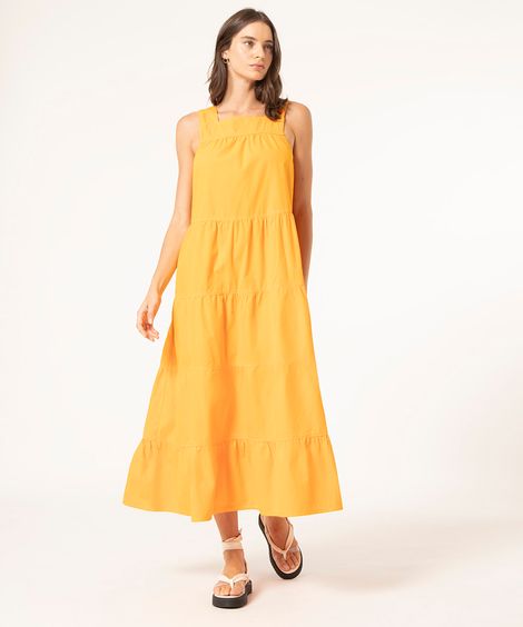 vestido midi de sarja com recortes laranja