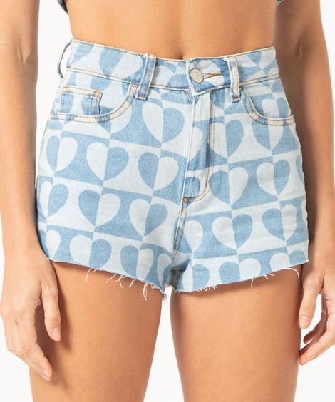 short mom jeans cintura super alta estampado coração azul médio
