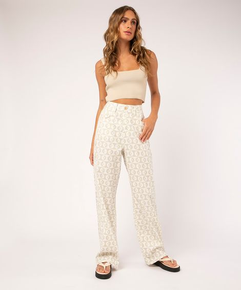 calça wide leg com quadriculado floral off white