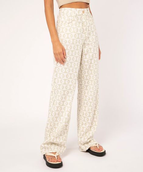 calça wide leg com quadriculado floral off white