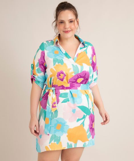 vestido chemise curto de viscose estampado floral manga 3/4 off white