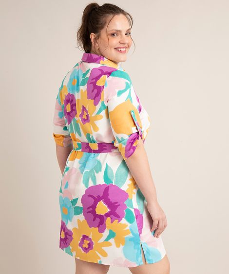 vestido chemise curto de viscose estampado floral manga 3/4 off white