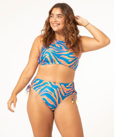 biquíni hot pant animal print com amarração e proteção uv50+ azul