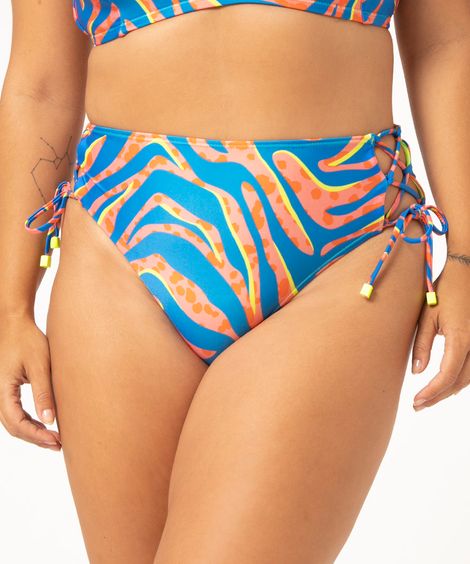 biquíni hot pant animal print com amarração e proteção uv50+ azul