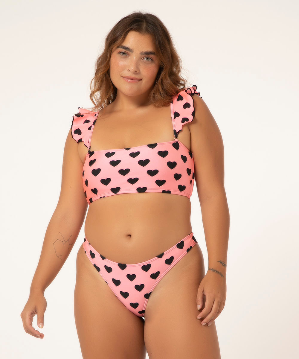 biquíni top faixa corações bojo removível com proteção uv50+ rosa