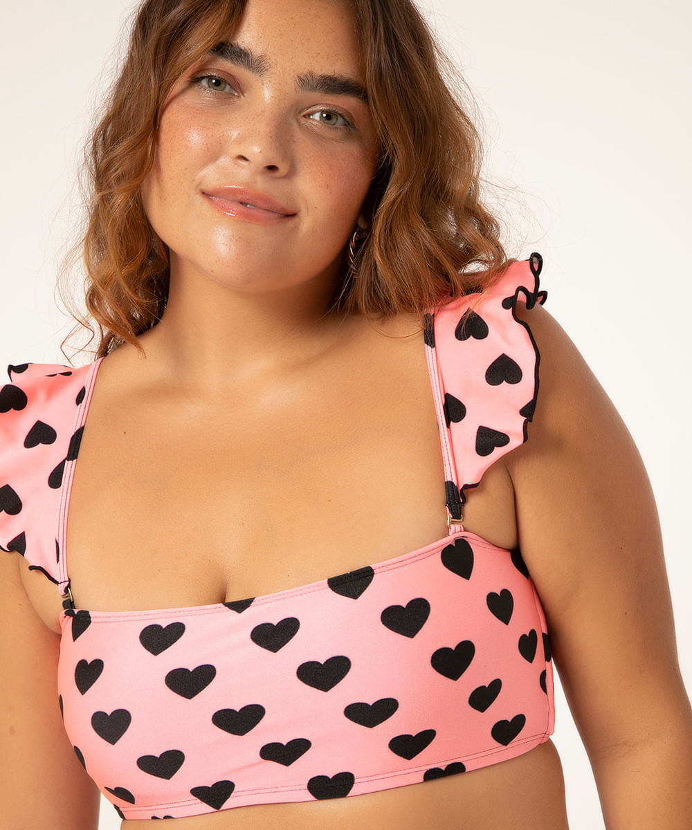 biquíni top faixa corações bojo removível com proteção uv50+ rosa