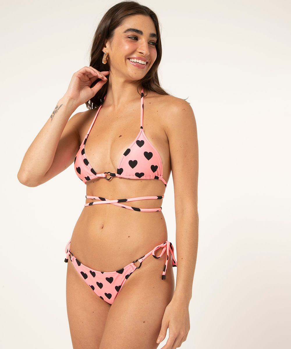 biquíni top cortininha corações com proteção uv50+ rosa