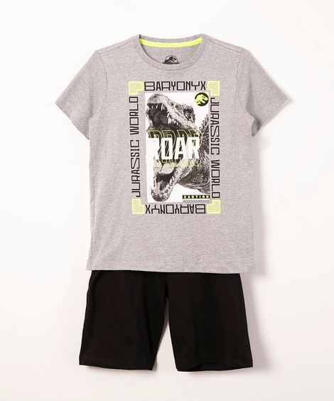 pijama infantil manga curta + bermuda jurassic park cinza