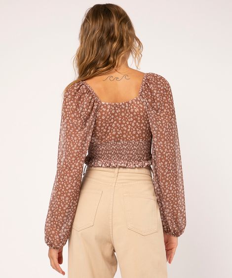 blusa cropped de tule floral  marrom