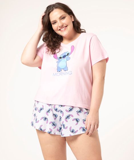 pijama plus size manga curta stitch rosa