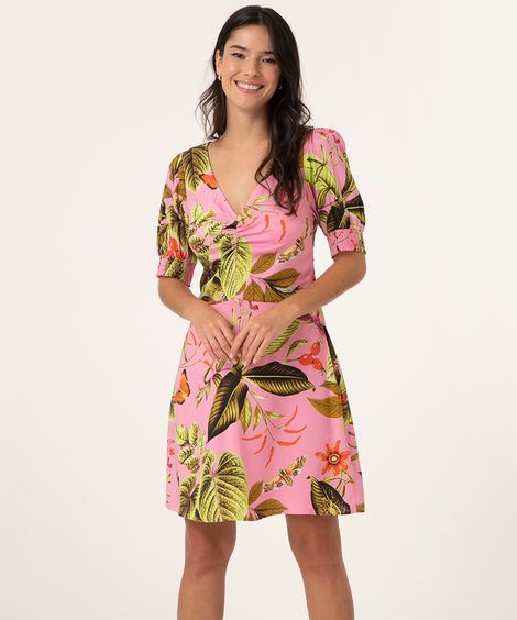 vestido de viscose folhagens com franzido rosa