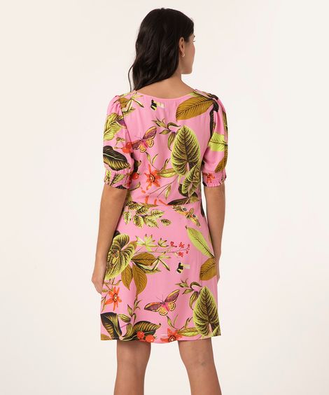 vestido de viscose folhagens com franzido rosa