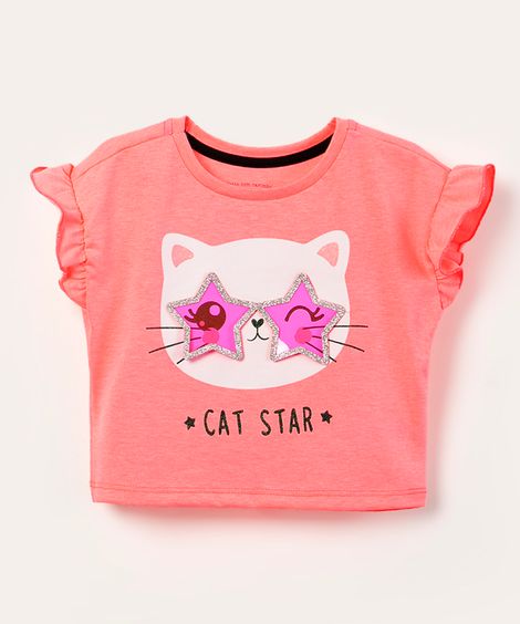 blusa cropped infantil manga curta com babados estampa interativa de gatinho com óculos rosa neon